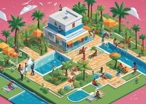 resort,seaside resort,isometric,resort town,airbnb icon,cabana,game illustration,airbnb logo,beach resort,holiday complex,villa,pool house,holiday villa,tropical house,summer icons,acapulco,dribbble,diamond lagoon,lagoon,oasis,Unique,3D,Isometric