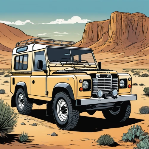 willys-overland jeepster,land rover series,desert safari,desert run,jeep wagoneer,jeep gladiator,land rover defender,land-rover,ford bronco ii,snatch land rover,jeep gladiator rubicon,land rover,mercedes-benz g-class,austin fx4,illustration of a car,desert racing,ford bronco,desert background,compact sport utility vehicle,zil-111,Illustration,American Style,American Style 13