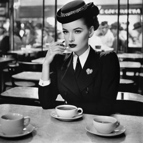 vintage 1950s,cigarette girl,50's style,parisian coffee,woman drinking coffee,stewardess,woman at cafe,fifties,vintage fashion,vintage women,vintage woman,vintage girl,retro women,retro woman,hepburn,flight attendant,coffee break,breakfast at tiffany's,retro girl,retro pin up girl,Photography,Black and white photography,Black and White Photography 09