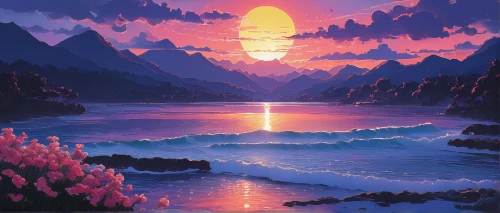 purple landscape,fantasy landscape,coast sunset,mountain sunrise,futuristic landscape,lunar landscape,dusk,evening lake,volcanic landscape,an island far away landscape,coastal landscape,lagoon,volcanic lake,moonrise,sea landscape,ocean,river landscape,valley of the moon,landscape background,moonscape,Illustration,Japanese style,Japanese Style 09