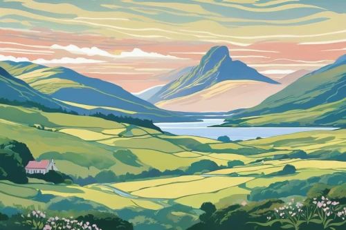 isle of skye,fjords,gower,wales,lake district,three peaks,exmoor,glencoe,highlands,fjord,yorkshire,isle of mull,nordland,nz,donegal,scottish highlands,braque d'auvergne,mountain scene,dorset,mountain landscape,Illustration,Retro,Retro 08