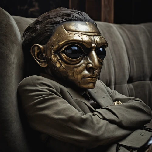 sculptor ed elliott,gold mask,a wax dummy,man with a computer,watchmaker,optician,psychoanalysis,elderly man,3d man,extraterrestrial life,suit actor,bronze sculpture,anonymous mask,psychotherapy,adenauer,golden mask,time traveler,night administrator,relaxing reading,albert einstein,Photography,General,Realistic
