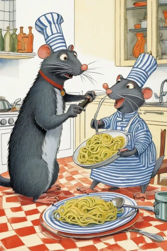 ratatouille,vintage mice,mice,rodents,white footed mice,dinner for two,book illustration,rats,mousetrap,whimsical animals,anthropomorphized animals,linguine,spoon-billed,cookery,romantic dinner,rodentia icons,vintage illustration,mouse bacon,cooks,baby rats,Art,Artistic Painting,Artistic Painting 50