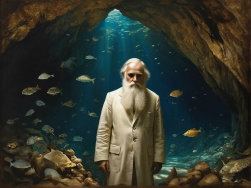 version john the fisherman,god of the sea,the man in the water,biologist,fish-surgeon,the collector,twelve apostle,father frost,grandfather,persian poet,tilda,aquarium,king lear,elderly man,man at the sea,the doctor,the people in the sea,exploration of the sea,albus,johannes brahms,Illustration,Realistic Fantasy,Realistic Fantasy 09