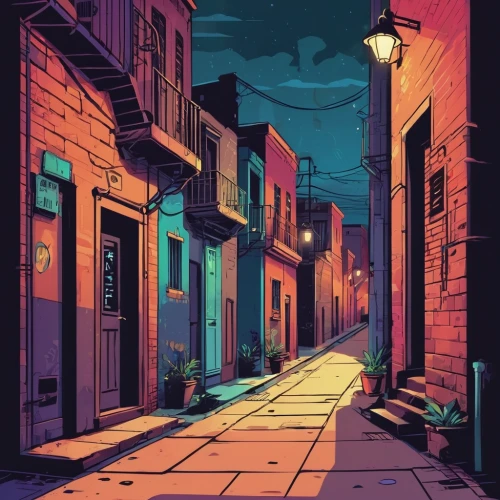 alleyway,alley,narrow street,old linden alley,gas lamp,night scene,alley cat,street lights,street lamps,colorful city,blind alley,dusk background,the cobbled streets,night glow,evening city,dusk,houses silhouette,old town,neighborhood,the street,Illustration,Japanese style,Japanese Style 06