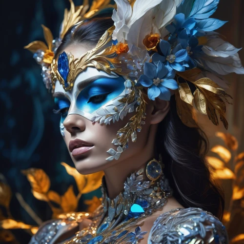masquerade,venetian mask,the carnival of venice,blue enchantress,fantasy portrait,golden mask,fantasy art,masque,brazil carnival,gold mask,headdress,queen of the night,fantasy woman,golden wreath,body painting,bodypainting,fairy queen,golden crown,sinulog dancer,gold leaf,Photography,Artistic Photography,Artistic Photography 08