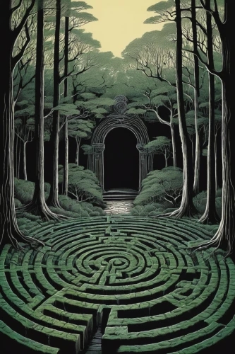 labyrinth,the mystical path,hollow way,maze,forest path,the forest,the path,green forest,winding road,shirakami-sanchi,the forests,forest road,threshold,sci fiction illustration,enchanted forest,forest of dreams,forest,haunted forest,the woods,jrr tolkien,Illustration,Black and White,Black and White 15