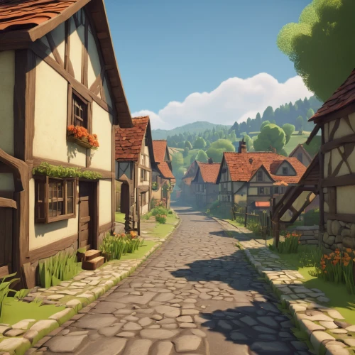 medieval street,alpine village,knight village,medieval town,escher village,wooden houses,tavern,old village,cobblestone,mountain village,village street,the cobbled streets,aurora village,mountain settlement,old town,half-timbered houses,spa town,collected game assets,the old town,jockgrim old town,Art,Artistic Painting,Artistic Painting 28