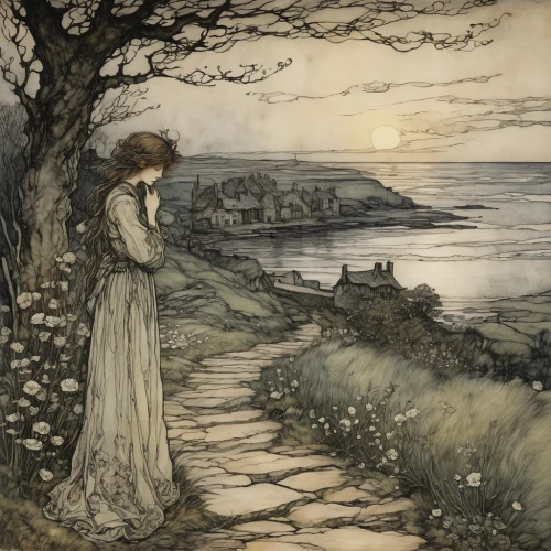 arthur rackham,kate greenaway,the girl in nightie,the night of kupala,jessamine,promenade,the sea maid,the road to the sea,woman walking,idyll,girl with tree,girl in the garden,towards the garden,charlotte cushman,fae,woman at the well,way of the roses,mucha,girl on the dune,vintage drawing,Illustration,Retro,Retro 25