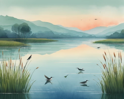 river landscape,landscape background,freshwater marsh,wetlands,evening lake,wetland,bird painting,salt meadow landscape,tidal marsh,meadow landscape,marsh,pond,loch,watercolor background,meadow in pastel,swampy landscape,nature landscape,water birds,mountainlake,small landscape,Illustration,Vector,Vector 05