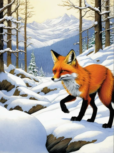 fox hunting,red fox,vulpes vulpes,christmas fox,winter animals,fox,a fox,redfox,colored pencil background,garden-fox tail,fox stacked animals,foxes,snow scene,child fox,little fox,firefox,watercolour fox,anthropomorphized animals,canidae,snowshoe,Illustration,Realistic Fantasy,Realistic Fantasy 04