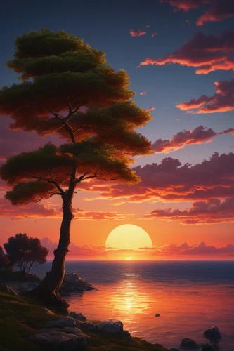 lone tree,landscape background,pine tree,an island far away landscape,fantasy landscape,coast sunset,world digital painting,coastal landscape,sunset,pine-tree,isolated tree,eventide,beach landscape,full hd wallpaper,sea landscape,digital painting,beautiful landscape,daybreak,fantasy picture,evening atmosphere,Art,Classical Oil Painting,Classical Oil Painting 21