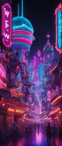 fantasy city,shanghai,shanghai disney,kowloon,fantasy world,colorful city,neon ghosts,cyberpunk,vapor,neon coffee,neon drinks,chinatown,neon lights,amusement park,china town,neon sign,neon candies,taipei,world digital painting,neon tea,Illustration,Realistic Fantasy,Realistic Fantasy 02