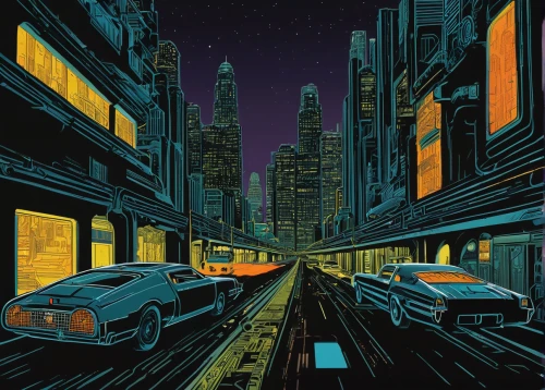 sci fiction illustration,night highway,black city,city lights,birds of prey-night,city highway,cities,city car,big night city,citylights,drive,night scene,cityscape,city at night,city cities,vanishing point,city scape,capital cities,evening city,chicago night,Art,Artistic Painting,Artistic Painting 50