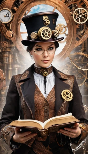 steampunk,steampunk gears,clockmaker,librarian,sci fiction illustration,clockwork,women's novels,bookkeeper,watchmaker,key-hole captain,switchboard operator,ships wheel,girl with a wheel,stewardess,fortune teller,bearing compass,railroad engineer,pilgrim,concierge,telephone operator,Conceptual Art,Fantasy,Fantasy 25