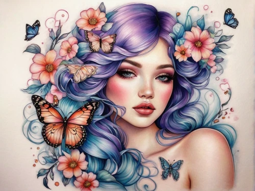 butterfly lilac,butterfly floral,julia butterfly,vanessa (butterfly),butterflies,flower fairy,watercolor pin up,cupido (butterfly),blue butterflies,moths and butterflies,lilac blossom,blue passion flower butterflies,butterfly effect,watercolor pencils,fantasy portrait,lilacs,passion butterfly,boho art,ulysses butterfly,butterfly,Illustration,Abstract Fantasy,Abstract Fantasy 11