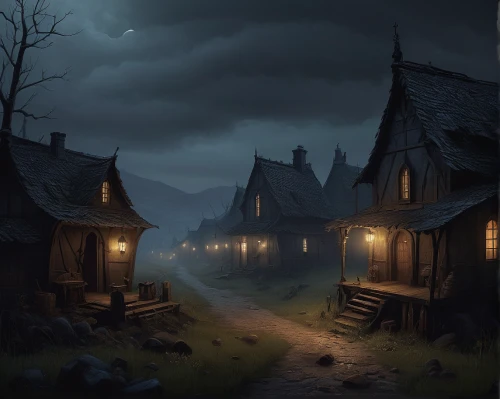 witch's house,wooden houses,night scene,fantasy landscape,lonely house,houses silhouette,witch house,medieval street,world digital painting,medieval town,aurora village,knight village,mountain settlement,halloween background,fantasy picture,game illustration,tavern,cottages,mountain village,evening atmosphere,Conceptual Art,Daily,Daily 22