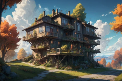 tree house,treehouse,house in the forest,wooden house,tree house hotel,little house,apartment house,hanging houses,home landscape,one autumn afternoon,crooked house,wooden houses,house in mountains,lonely house,house in the mountains,witch's house,sky apartment,small house,autumn idyll,apartment building,Conceptual Art,Fantasy,Fantasy 02