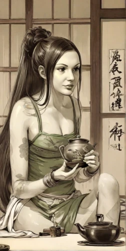 tea ceremony,woman drinking coffee,oriental painting,japanese art,japanese tea,chinese art,tea zen,japanese woman,chinese tea,woman at cafe,junshan yinzhen,tea drinking,gyokuro,geisha girl,sayama tea,japanese culture,tea art,geisha,coffee tea illustration,maojian tea