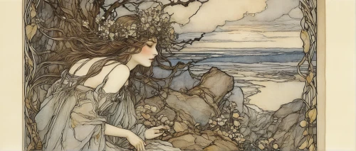 arthur rackham,kate greenaway,mucha,rusalka,girl on the dune,alfons mucha,art nouveau,dryad,bookplate,faery,the sea maid,art nouveau design,faerie,the wind from the sea,vintage illustration,girl on the river,the blonde in the river,lilian gish - female,little girl in wind,the night of kupala,Illustration,Retro,Retro 25