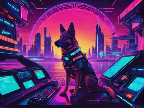 cyberpunk,cyber,gsd,80s,neon,doberman,futuristic,cyberspace,dystopia,scifi,laika,eurohound,80's design,aesthetic,vigilant dog,retro background,nova,vapor,posavac hound,police dog,Conceptual Art,Sci-Fi,Sci-Fi 27