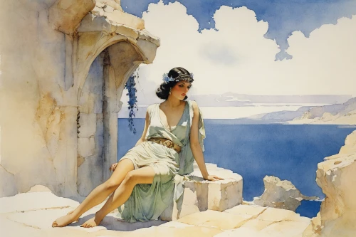 woman at the well,art deco woman,asher durand,lilian gish - female,girl in a long dress,idyll,woman sitting,woman playing,carl svante hallbeck,girl on the dune,girl on the river,orientalism,watercolor,mucha,george paris,hellenic,capri,watercolour,landscape with sea,rem in arabian nights,Illustration,Paper based,Paper Based 23