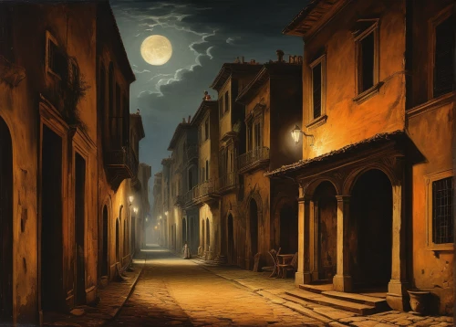 night scene,medieval street,old linden alley,narrow street,rome night,the cobbled streets,moonlit night,evening atmosphere,street lamps,rome at night,nocturnes,italian painter,gas lamp,riad,street scene,townscape,alley,old city,alleyway,light of night,Art,Classical Oil Painting,Classical Oil Painting 21