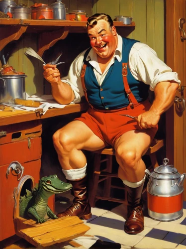 dwarf cookin,cookery,men chef,plumber,food preparation,geppetto,girl in the kitchen,repairman,vintage kitchen,big kitchen,chef,southern cooking,tradesman,cook,popeye,red cooking,cooking vegetables,chef's uniform,kitchen work,cuisine classique,Illustration,Retro,Retro 10
