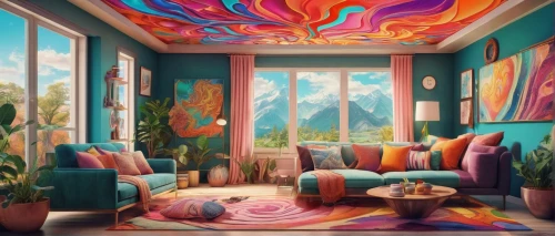 livingroom,living room,sitting room,psychedelic art,apartment lounge,the little girl's room,kids room,an apartment,great room,apartment,children's bedroom,house painting,interior decor,children's room,dandelion hall,cabana,therapy room,interior design,sky apartment,modern room,Illustration,Realistic Fantasy,Realistic Fantasy 39