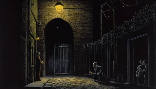 night scene,old linden alley,the cobbled streets,blind alley,john atkinson grimshaw,narrow street,alley,alleyway,medieval street,david bates,street scene,gas lamp,at night,the threshold of the house,thoroughfare,lovat lane,lamplighter,cobblestones,alley cat,nocturnes,Illustration,Black and White,Black and White 22