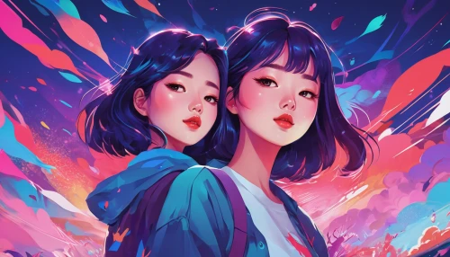 dribbble,gemini,neon ghosts,白斩鸡,two girls,colorful background,vector illustration,shirakami-sanchi,digital illustration,gradient effect,red and blue,mulan,digital art,taipei,rosa ' amber cover,neon candies,cluster-lilies,falling stars,game illustration,portrait background,Conceptual Art,Daily,Daily 21