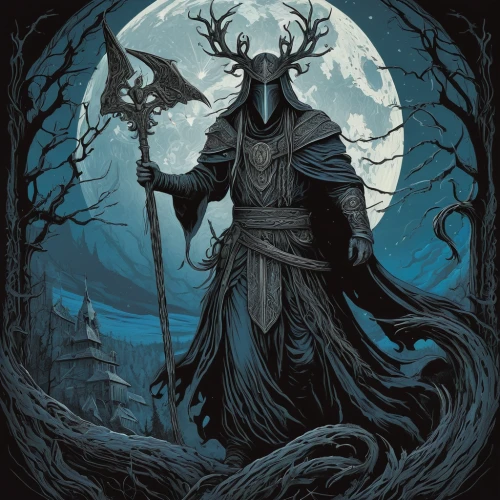 grimm reaper,halloween poster,druid,death god,krampus,dance of death,dark elf,pagan,druids,magus,hag,grim reaper,undead warlock,the night of kupala,blackmetal,haunted forest,paganism,dunun,forest man,danse macabre,Illustration,Black and White,Black and White 01
