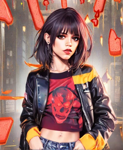 rosa ' amber cover,sci fiction illustration,renegade,digital painting,leather jacket,grunge,world digital painting,digital illustration,game illustration,nora,clementine,edit icon,cg artwork,fire background,bad girl,fiery,digital art,portrait background,flame robin,phone icon
