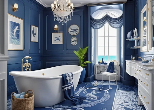 blue room,blue and white porcelain,luxury bathroom,mazarine blue,bathtub,majorelle blue,bathroom,cobalt blue,nautical colors,royal blue,blue painting,shades of blue,blue and white,interior design,blue lamp,watercolor blue,deep blue,blue sea shell pattern,jasmine blue,great room,Illustration,Realistic Fantasy,Realistic Fantasy 19