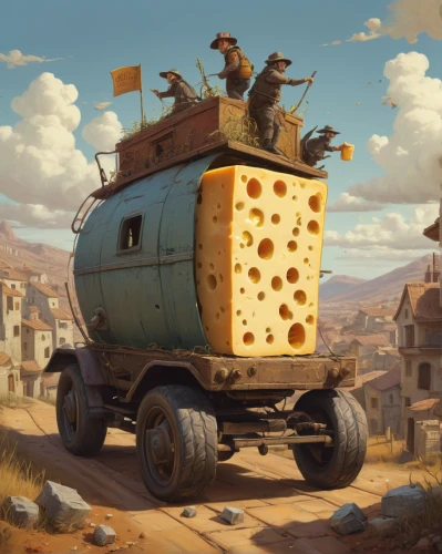 covered wagon,rust truck,wooden wagon,cheese truckle,log truck,moottero vehicle,delivery truck,mobile home,wheels of cheese,beekeeper's smoker,bee colony,road roller,cargo car,concrete mixer,land vehicle,construction vehicle,pizza supplier,delivery service,delivering,pizza oven,Illustration,Realistic Fantasy,Realistic Fantasy 28