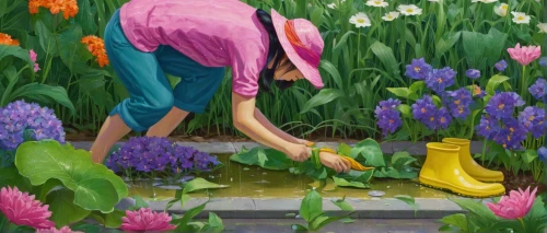 girl picking flowers,flower painting,watering can,tulip festival,tulips,watering,picking flowers,wishing well,girl in the garden,gardener,work in the garden,woman at the well,flower art,girl in flowers,gardening,flower water,rubber boots,tulip,tulipa,violet tulip,Illustration,Japanese style,Japanese Style 21