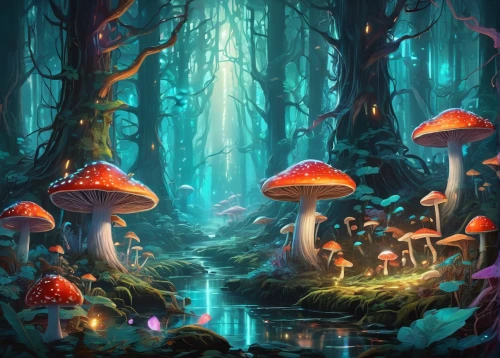 mushroom landscape,fairy forest,mushroom island,forest mushrooms,fairy village,elven forest,forest mushroom,toadstools,enchanted forest,mushrooms,fairytale forest,fairy world,forest floor,fantasy landscape,cartoon forest,fantasy picture,forest background,club mushroom,fungal science,blue mushroom,Conceptual Art,Sci-Fi,Sci-Fi 06