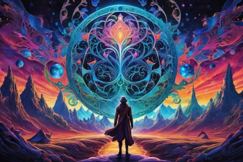 astral traveler,aura,mantra om,flow of time,mirror of souls,fantasia,nebula guardian,ascension,psychedelic art,transcendence,vortex,pachamama,dimensional,inner space,chakra,the mystical path,mysticism,om,shamanic,avatar,Illustration,Realistic Fantasy,Realistic Fantasy 39