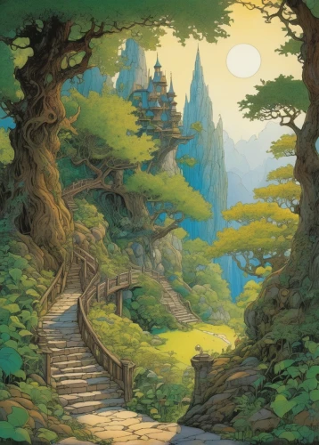 studio ghibli,fantasy landscape,fairy village,fairy tale castle,fantasy picture,fantasy world,cartoon forest,children's fairy tale,fairy world,cartoon video game background,fairy tale,forest landscape,a fairy tale,fantasia,fairy chimney,fairy forest,fairytale forest,fairy house,3d fantasy,an island far away landscape,Illustration,Realistic Fantasy,Realistic Fantasy 04