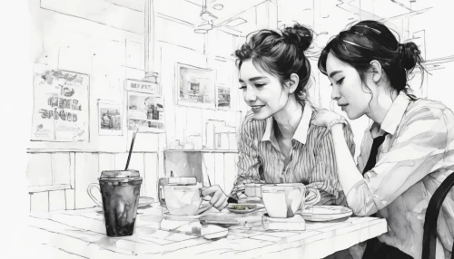 women at cafe,watercolor tea shop,coffee tea illustration,coffee tea drawing,watercolor cafe,woman at cafe,coffee shop,the coffee shop,coffee watercolor,cafe,coffee background,tearoom,kimjongilia,study,date,two girls,watercolor tea,coffe-shop,tea art,fashion illustration,Illustration,Paper based,Paper Based 20