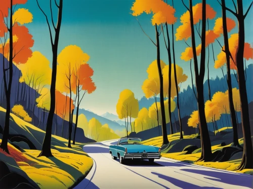 travel poster,forest road,mountain road,alpine drive,mountain highway,mountain pass,aronde,open road,cool woodblock images,forest landscape,sunbeam alpine,vintage illustration,maple road,the road,alpine route,cartoon forest,autumn landscape,mountain scene,fall landscape,coniferous forest,Illustration,Vector,Vector 09