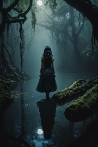 bayou,swamp,fantasy picture,dark art,backwater,swampy landscape,the night of kupala,rusalka,mirror of souls,forest dark,black landscape,dark world,water nymph,haunted forest,world digital painting,mystical portrait of a girl,solitude,dark gothic mood,mysterious,submerged,Photography,Documentary Photography,Documentary Photography 11