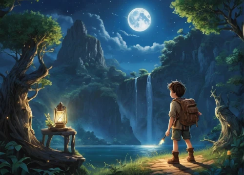 studio ghibli,dream world,magical adventure,fantasy picture,world digital painting,children's background,wander,adventure game,journey,moonlight,moonlit night,the mystical path,light of night,children's fairy tale,fairy tale,cartoon video game background,a journey of discovery,background image,moonlit,dreams catcher,Conceptual Art,Daily,Daily 13