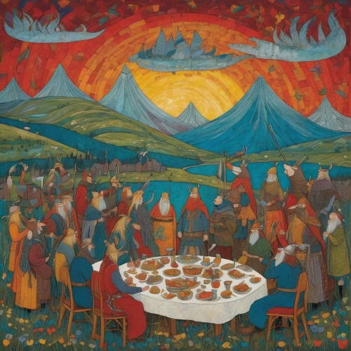 khokhloma painting,holy supper,long table,pentecost,the dining board,christ feast,persian new year's table,dinner party,last supper,round table,kükchen,leittafel,the conference,eisteddfod,zoroastrian novruz,novruz,fourth advent,pesach,the first sunday of advent,dining,Art,Artistic Painting,Artistic Painting 49