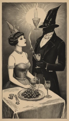 absinthe,woman holding pie,vintage illustration,vintage man and woman,vintage drawing,vintage halloween,vintage art,roaring twenties couple,celebration of witches,vintage ilistration,romantic dinner,gluttony,the victorian era,courtship,gentlemanly,tea party,epicure,vaudeville,french valentine,bistrot,Illustration,Black and White,Black and White 23