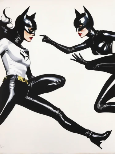 catwoman,crime fighting,bats,david bates,comic characters,birds of prey,black cat,two cats,bat,in pairs,felines,pair,cool pop art,pow,duet,batman,fighting poses,pairing,two girls,chalk drawing,Art,Artistic Painting,Artistic Painting 24