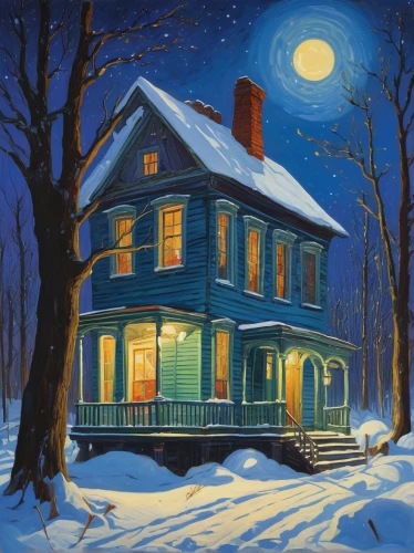 winter house,christmas landscape,night scene,house painting,cottage,christmas scene,snow scene,moonlit night,night snow,lonely house,country cottage,home landscape,snow house,christmas night,new england style house,little house,christmas house,woman house,winter dream,christmas story,Art,Classical Oil Painting,Classical Oil Painting 27