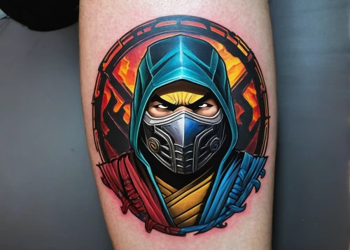 sheik,forearm,ski mask,shredder,assassin,on the arm,balaclava,iron mask hero,tattoo,ninja,shinobi,cartoon ninja,reaper,shepard,doctor doom,hooded man,scorpion,nova,karnak,raven rook,Illustration,American Style,American Style 12