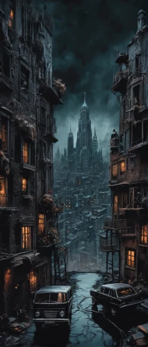 destroyed city,black city,ancient city,fantasy city,medieval town,aurora village,gunkanjima,hashima,world digital painting,hamelin,dark world,slums,fantasy landscape,post-apocalyptic landscape,winter village,city at night,townscape,lostplace,fantasy picture,ghost castle,Illustration,Realistic Fantasy,Realistic Fantasy 40