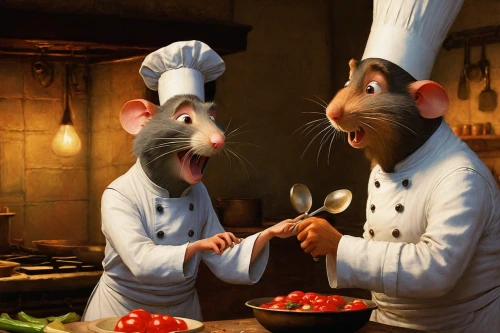 ratatouille,tom and jerry,chefs,mice,chef,rodents,cookery,cuisine classique,dinner for two,men chef,chef hats,cooks,mouse bacon,white footed mice,chef hat,pastry chef,rats,mousetrap,chef's hat,balsamic vinegar,Art,Classical Oil Painting,Classical Oil Painting 44